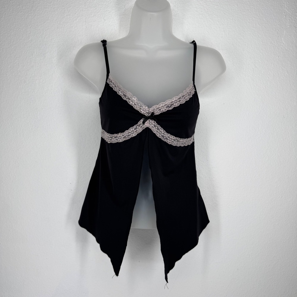 Edikted Black Lace Trim Flyaway Cami Top Handkerchief Hem Small Y2K Pink Bow - Picture 1 of 7